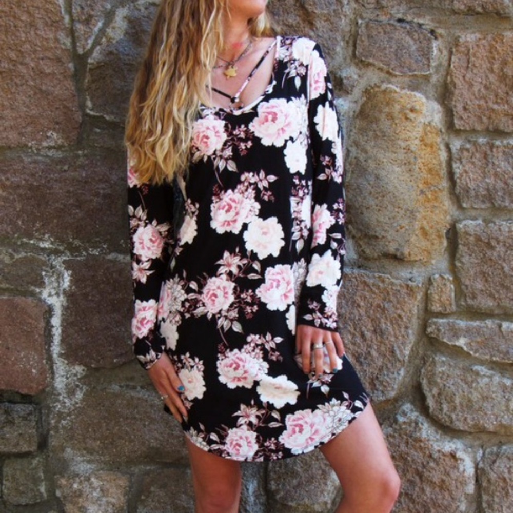 NWT Floral Black and Rose Pink Strappy Mini Dress
